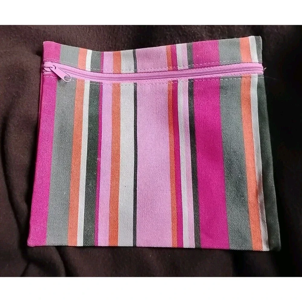 Victoria's Secret Makeup Pouches Cosmetics 3 Set ‎ Stripe Cotton PVC Mirror HTF